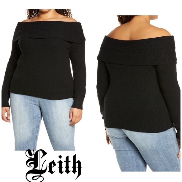 LEITH Off The Shoulder Sweater In Black. Puffed sleeves, fold over neck. - Picture 1 of 8